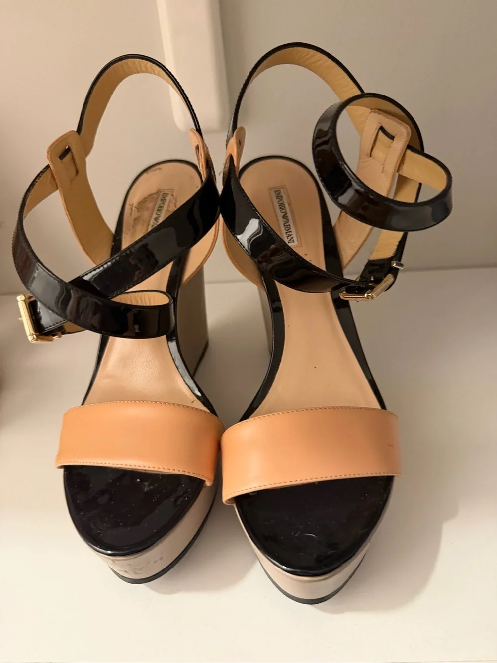 Emporio Armani Leather Platform Wedge Sandals – Women’s Size 7 – Beige/Black